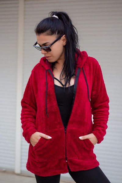 Azıcık Akıllı Women's Red Plush Thick Zippered Hooded Pocket Jacket 23KCKTMY50