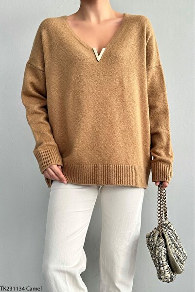 Lupies Women's V-Neck Oversize Knitwear Sweater with Accessories