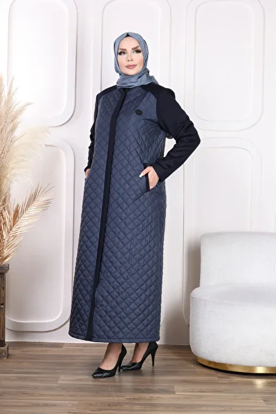 Tuğralı Quilted Zippered Navy Blue Coat Hijab Full Length Overcoat Winter Coat Women's Lined Quilted