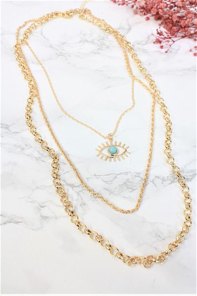 Neva GOLD PLATED TURQUOISE STONE RA EYE TRIPLE COMBIN BIGUTER NECKLACE