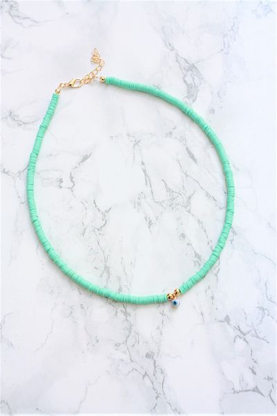 Neva TURQUOISE COLOR PHYMO BEAD MURANO STONE EVIL EYE BIGUTERY NECKLACE