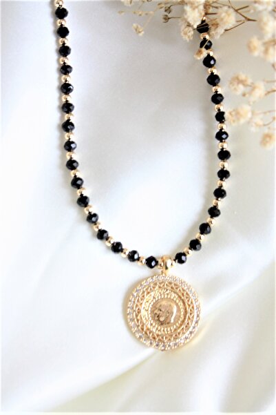 Neva GOLD KAPLAMA SİYAH KRİSTAL TAŞLI ÇEYREK ALTIN MOTİFLİ BİJUTERİ KOLYE