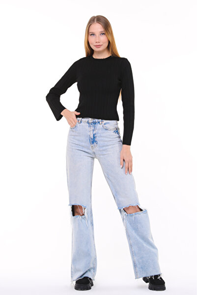 MA ananas Bluză neagră cu tesatura cu textura normală cu decolteu rotund