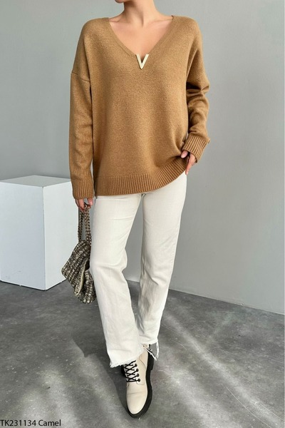 Lupies Women's V-Neck Oversize Knitwear Sweater with Accessories