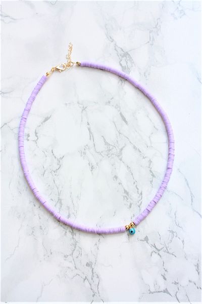 Neva LILA COLOR PHYMO BEAD MURANO STONE EVIL EYE BIGUTERY NECKLACE