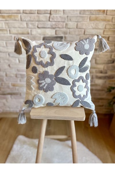 SWITA Husă de pernă cu design special brodat cu perforare, unică, decorativă, gri (panch)