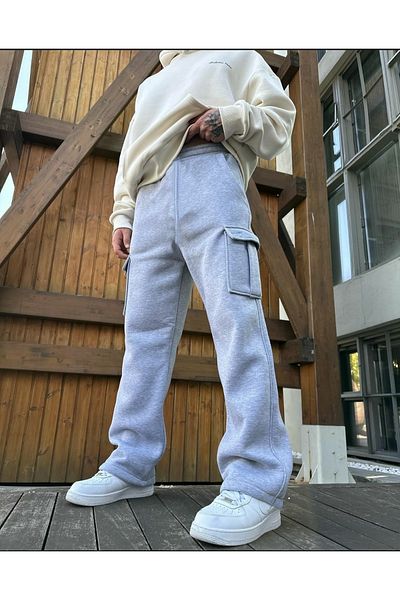 FİTGO Unisex 2 Thread Oversize Gray Sweatpants with Cargo Pockets