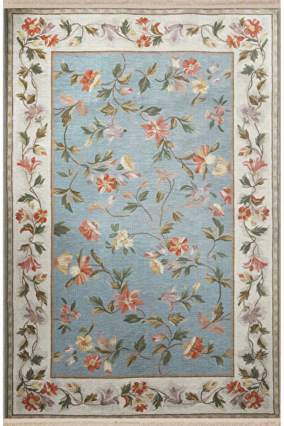 Rugs Modern Halı Bej Mavi Temalı Çok Renkli Çiçek Gül ve Sarmaşık Desenli Mod...