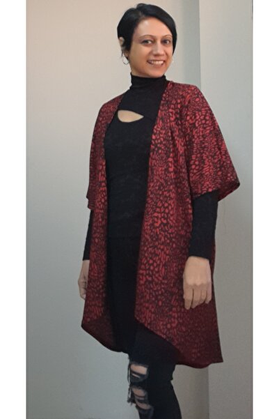 Mertcan Butik Dark red black printed shawl collar bat sleeve crepe look knitted vest