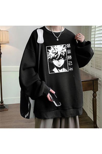 Touz Anime Harajuku My Hero Academia Katsuki Bakugo με στάμπα μαύρου Unisex Oversize με λαιμόκοψη