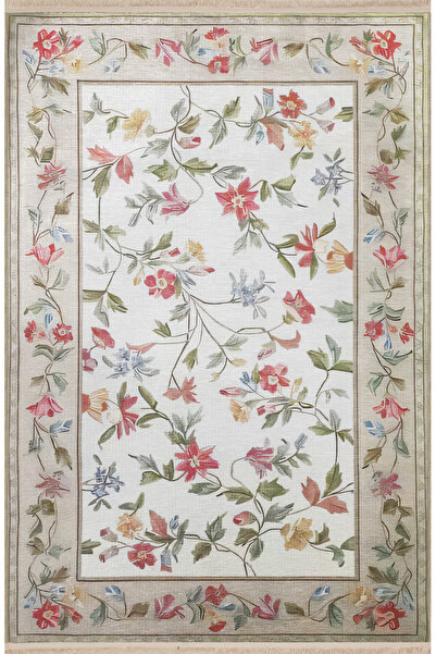 Rugs Modern Halı Pudra Bej Temalı Çok Renkli Çiçek Desenli Kreatif Vintage De...