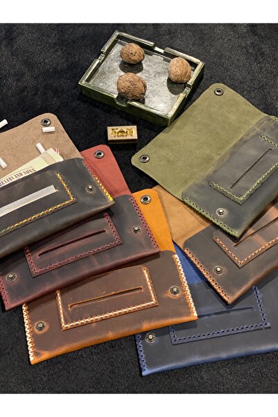 MAT Deri Tütün Çantası Hakiki Deri Tütünlük El Yapımı Kestane Rengi Tütün Kesesi