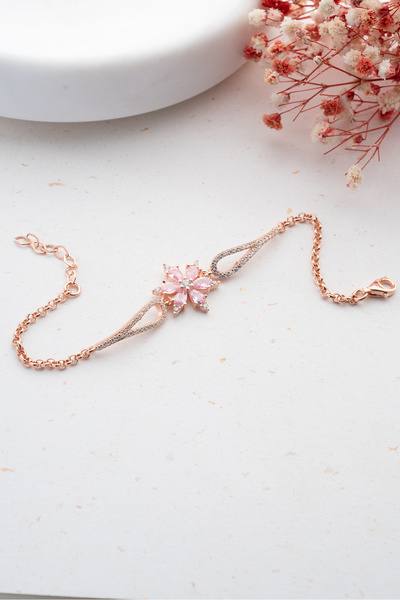 ESSARE Kadın 925 Ayar Kelepçe Model Pembe Taşlı Çiçek Bileklik Gümüş Bileklik