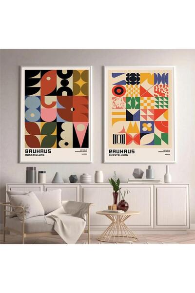 Linacci 2li Beyaz Metal Çerçeveli Renkli Mimari Camlı Tablo Seti
