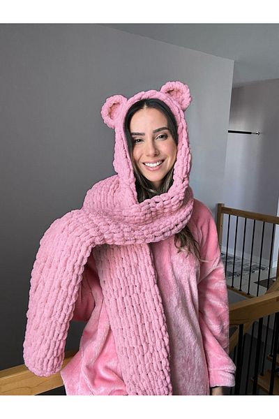 ALARA REYHAN Handmade Knitted Pink Scarf Beanie