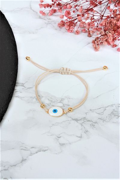 Neva BEIGE STRING WITH WHITE MINES EVIL EYE BIGUTER BRACELET