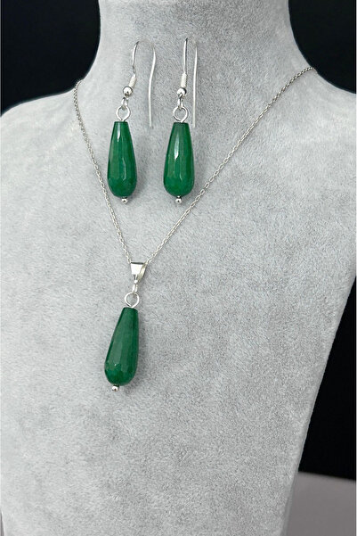 CRAZY TAKI TASARIM 925 Ayar Gümüş Ceyt (Yeşim) Taşlı Kolye-küpe Set