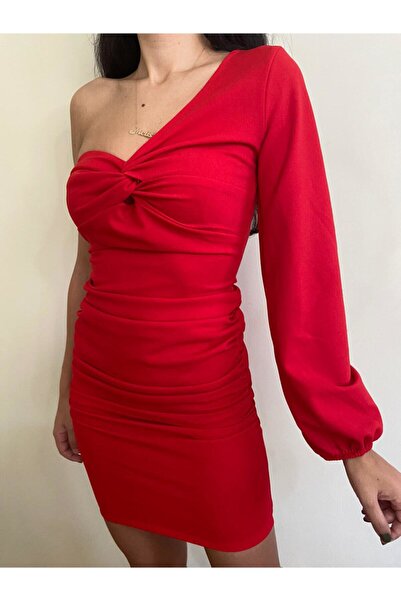 Melos Butik Γυναικείο κοντό φόρεμα με ένα μανίκι σε κόκκινο χρώμα