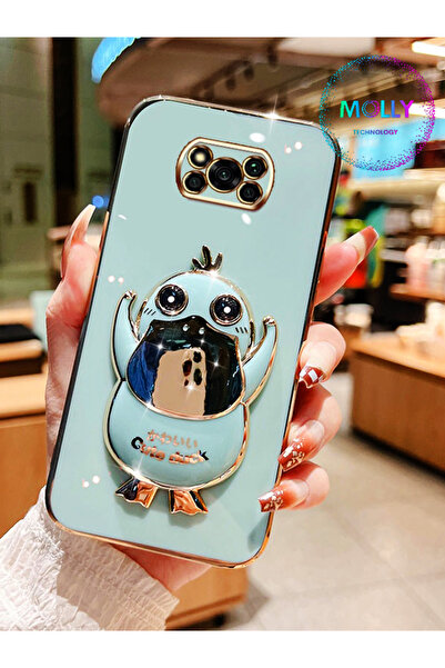 Molly جراب سيليكون فاخر لهاتف Poco X3 Water Green Cute Duck مع حامل وحواف ذهبية