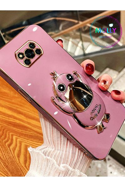 Molly حافظة سيليكون فاخرة لهاتف Poco X3 Pro مع حامل بطة لطيف باللون الأبيض اللؤلؤي وحواف ذهبية مفصلة