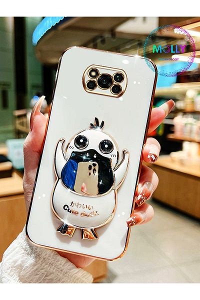 Molly حافظة سيليكون فاخرة لهاتف Poco X3 Pro مع حامل بطة لطيف باللون الأبيض اللؤلؤي وحواف ذهبية مفصلة