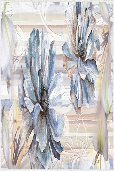 10 Post Online Mutfak Halısı Mavi Bej Dijital Baskı Yolluk Kaymaz Yuvarlak Oval Kesme Ince Yıkanabilir Halı