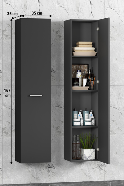ÖZCEDEN Yeni Boy 35*167 cm Antrasit Gri Mat MDF Tek Kapaklı Asma Banyo Boy Dolabı