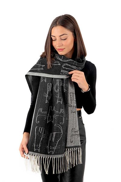 Bursa İpek Black Cat Pattern Winter Shawl