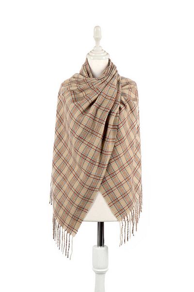 Bursa İpek Beige Blue Plaid Pattern Winter Shawl