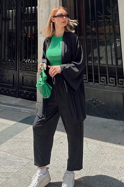 Swist Fekete kimonó Shalwar nadrág női Ayrobin alsó-felső szett