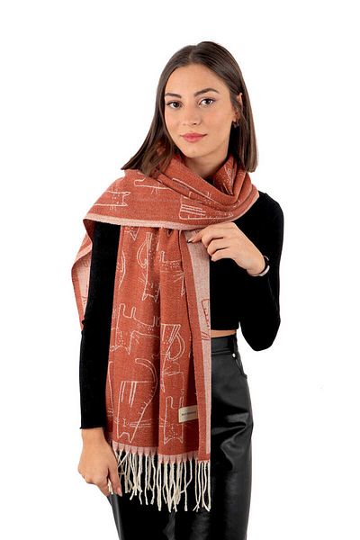Bursa İpek Cinnamon Cat Pattern Winter Shawl