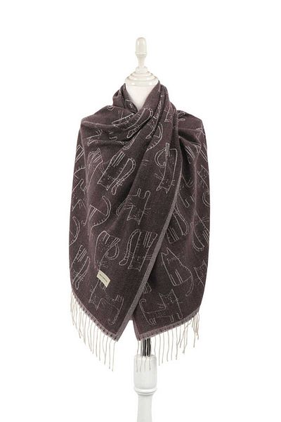 Bursa İpek Brown Cat Pattern Winter Shawl