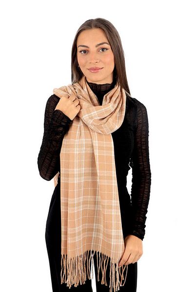 Bursa İpek Milky Brown White Plaid Pattern Winter Shawl