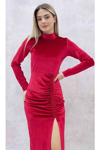 WOMAN VISION Rochie roșie cu mânecă lungă din țesătură elastică din catifea pentru femei 016