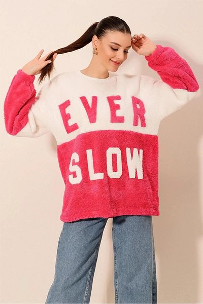 hazelin Γυναικείο φούξια λευκό μπλοκ EVER SLOW Άνετο βελούδινο φούτερ με στάμπα HZL23W-BD 1554781