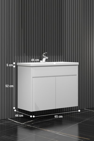 ÖZCEDEN Çiğdem 65 Cm Beyaz Mdf Seramik Lavabolu Asma Banyo Alt Dolabı