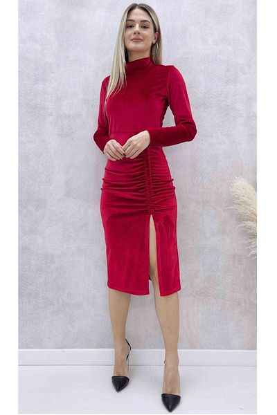 WOMAN VISION Rochie roșie cu mânecă lungă din țesătură elastică din catifea pentru femei 016