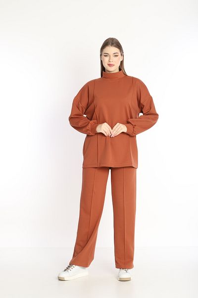 NEED LİFE Women's Cinnamon Double Cotton Fabric Hooded Comfortable Fit Stand Collar Tunic Tracksuit Set - Nd 2356