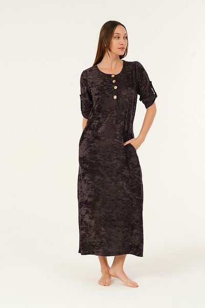 İntensive women's buttoned short sleeve velvet maxi length dress