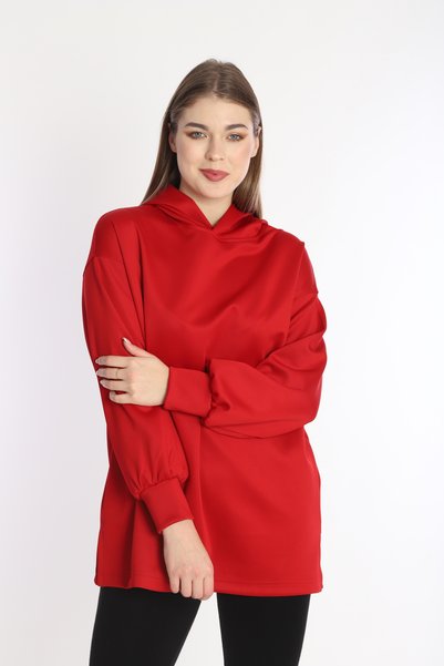 NEED LİFE Women's Red Scuba Fabric Hooded Comfortable Fit Sweat Tunic - Nd 2355