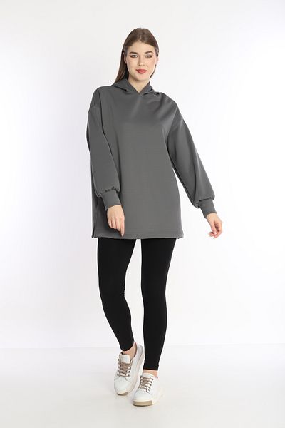 NEED LİFE Women's Smoked Scuba Fabric Hooded Comfortable Fit Sweat Tunic - Nd 2355