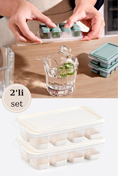 Flosoft 2’li Mini Silikon Tabanlı Kapaklı Bas Çıkar Buz Kalıbı, 8 Bölmeli Yapışmaz Buzluk 2 Adet