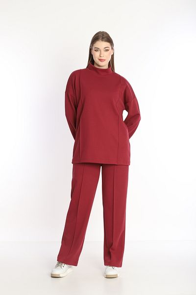 NEED LİFE Women's Burgundy Double Cotton Fabric Hooded Comfortable Fit Stand Collar Tunic Tracksuit Set - Nd 2356