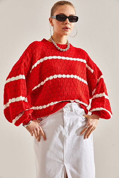 Bianco Lucci Kadın Çizgili Balon Kol Petek Örme Kazak