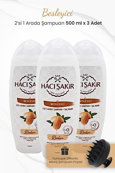 Hacı Şakir Almond 2 in 1 - 500 ml Black Shampoo and Brush x 3 Pieces