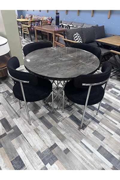 Ankara Dinç Metal Sehpa Yuvarlak Masa Sandalye Takımı Krom Ayak İrony Glos Masa