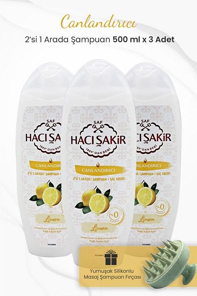 Hacı Şakir Green Lemon 2 in 1 500 ml x 3 Pieces and Green Shampoo Brush