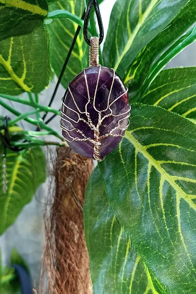 TAUS STONE Amethyst Stone Tree of Life Pendant (Leather Rope is Gift)