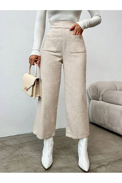 Smart Moda Beige Stamped Women's Trousers PANT1030