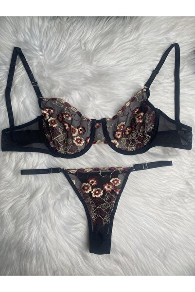 Masal Lingerie Set sutien elegant cu sârmă florală, negru, auriu, roșu Claret